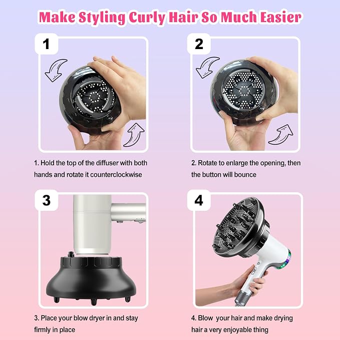 Universal Hair Diffuser for 1.4"-3.1" Blow Dryers, Diffuser Hair Dryer Attachment, Professional Hair Diffuser for Curly Wavy Long Thick Hair, Reduces Frizz & Defines Curls, Home/Travel Use, Black