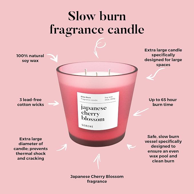 Hidden Label Large Scented Candle, Japanese Cherry Blossom, 30oz 3 Wick Huge Candle, Serene Collection Slow Burn Natural Soy Candles for Home Scented