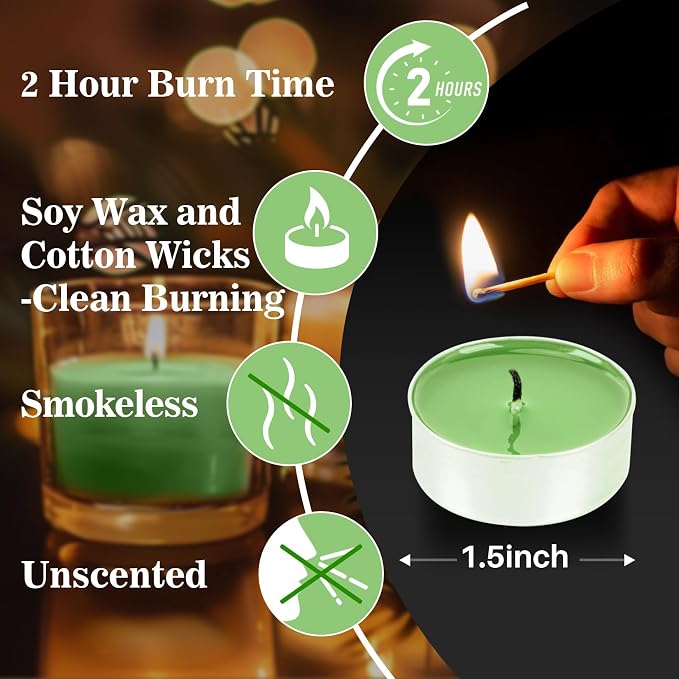 Maqihan 25pcs Green Tea Lights Candles Set - Mini Votive Tealight Candles Tea Candle with Cotton Wick for Home,Pool,Shabbat,Wedding,Emergencies,Christmas