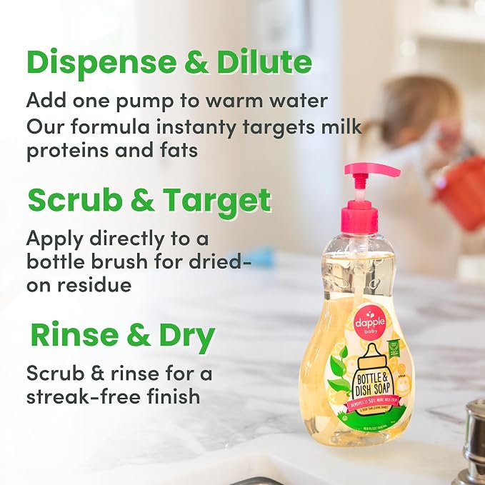 Dapple Baby Fresh Citrus Bottle & Dish Soap - (4 Pack) 16.9 fl oz - Cleans Baby Bottles, Sippy Cups, Pacifiers, Breast Pumps, & More - Gently Removes Milk Film & Odors - Includes 1 Pump
