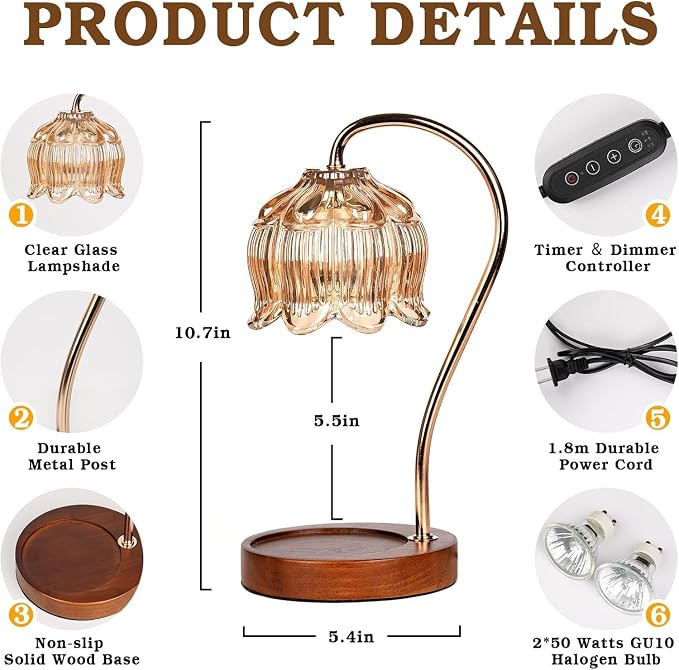 Funistree Flower Candle Warmer Lamp with Timer, Dimmable Candle Lamp Warmer, Christmas Birthday Gifts for Women Mom Her, Housewarming Home Decor, Lotus Wax Warmer for Yankee - Amber-2 Pack 10 Inch