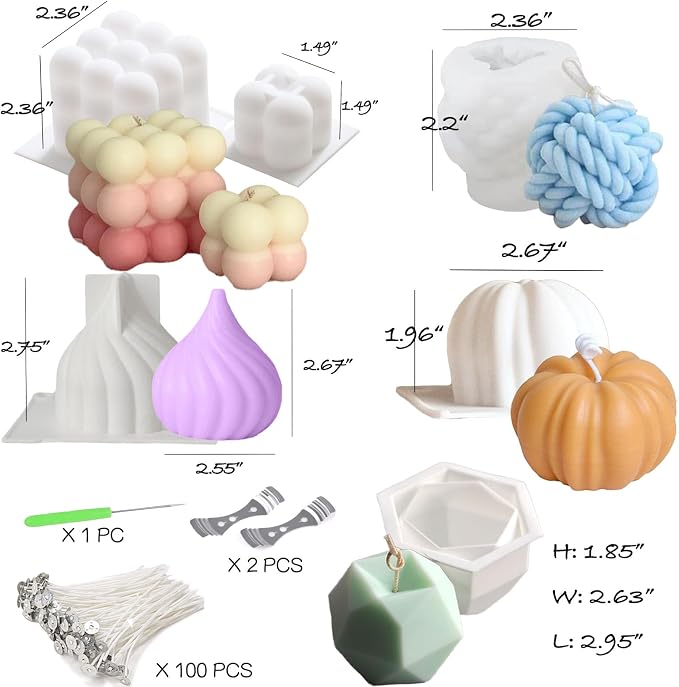 6pcs Silicone Candle Making Molds Kit Set, 3D Silicone Mold for Baking Desser, Soy Wax, Soap Geometric Pumpkin Shapes Yarn Ball Bubble Cube Molds DIY Scented Candle