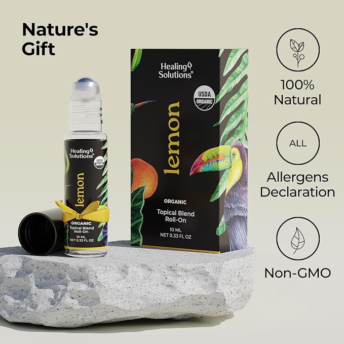 Healing Solutions - (2 Pack) Lemon Essential Oil Organic Roll On Set USDA Certified Perfume, Skin, Face, Body