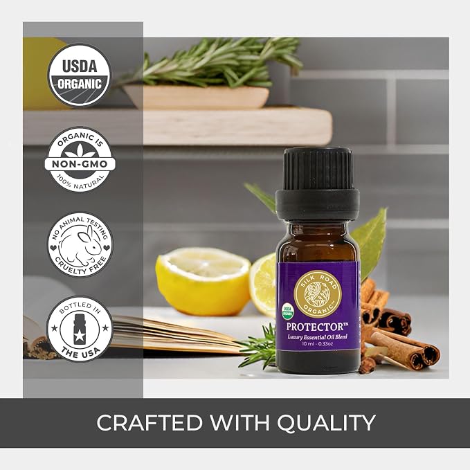 Silk Road Organic Protector - Thieves Essential Oil Purifying Immunity Blend, 100% Pure USDA Certified Clove Bud, Lemon, Cinnamon Bark, Rosemary, Eucalyptus - 10 ml Dropper