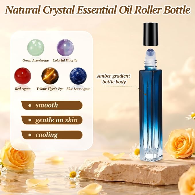 Domensi 10 Pack 10ml Amethyst/Tiger Eye/Green Aventurine/Lapis Lazuli Essential Oil Roller Bottles,Refillable Leak Proof Roll On Bottles Travel Perfume Vials for DIY Aromatherapy, Wellness & Self Care