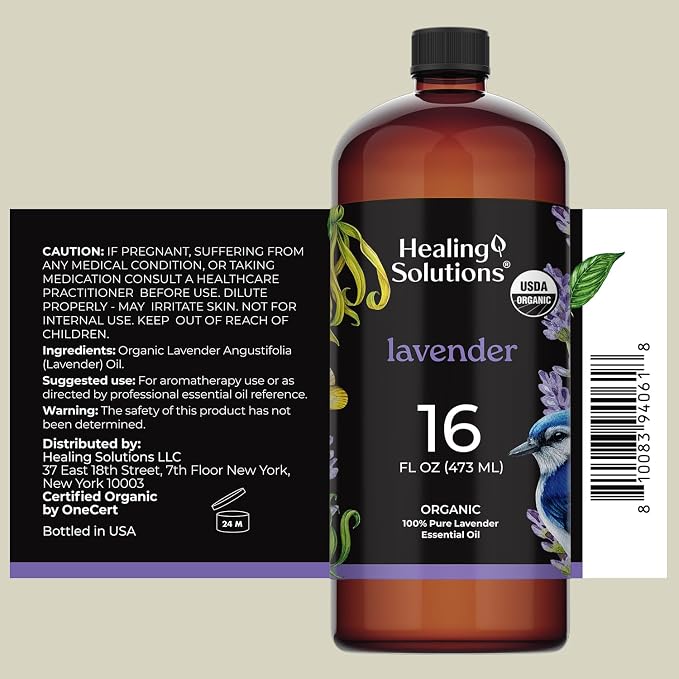 Healing Solutions Organic Lavender Essential Oil Bulk, 16oz - Lavender Essential Oil Large Bottle for Skin, Cleaning & More - Aromatherapy Diffuser Oil - Lavender Oil Spray - Lavender Oil for Cleaning