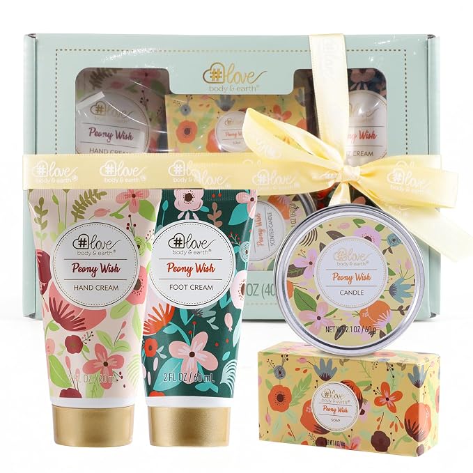 BODY & EARTH # LOVE Hand Cream Gifts Set for Women,4 Pack Peony Wish Skin Care Set Spa Kit with Hand Cream Foot Cream,Soap,Scented Candle,Birthday Gifts for Women Teen Girl Graduation Gift Teachers