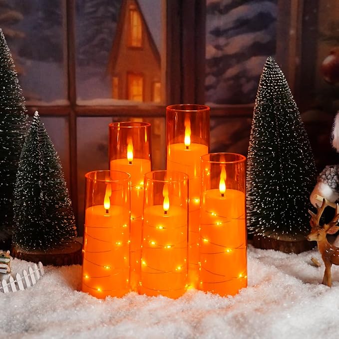 kakoya Flameless LED Candles with Timer 5 Pc Flickering Flameless Candles for Romantic Ambiance and Home Decoration Stable Acrylic Shell,with Embedded Star String，Battery Operated Candles（Orange）