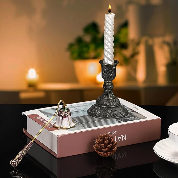 OwnMy Candle Snuffer Decorative Metal Candle Extinguisher with Long Handle, Vintage Candle Flame Snuffer and Wick Trimmer Tool, Elegant Candles Care Accessory Kit, White+Purple