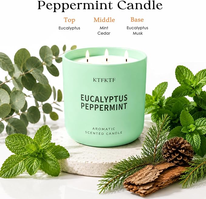 Eucalyptus Peppermint Scented Candle for Home, 14.1oz 80 Hours Long Lasting Aromatherapy Candles for Stress Relief & Energy, Non-Toxic Essential Oil & Soy Wax | Cooling Mint & Woody Aroma