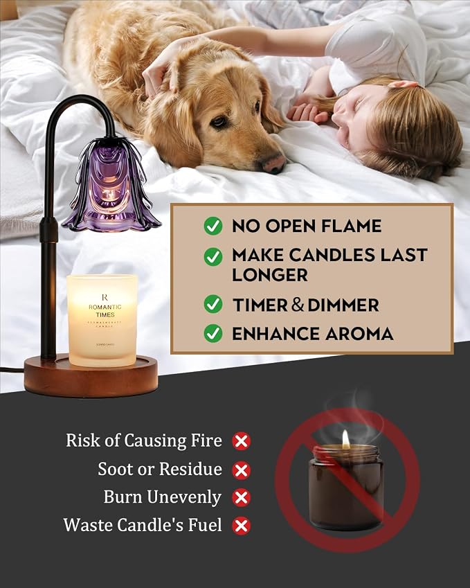 Small Candle Warmer Lamp with Timer, Adjustable Purple Lamp Warmer for Jar Candles, Unique Women Gifts for Birthday, Dimmable Candle Heater, Anniversary Day Gifts,Cute Wax Warming Light with Wood Base