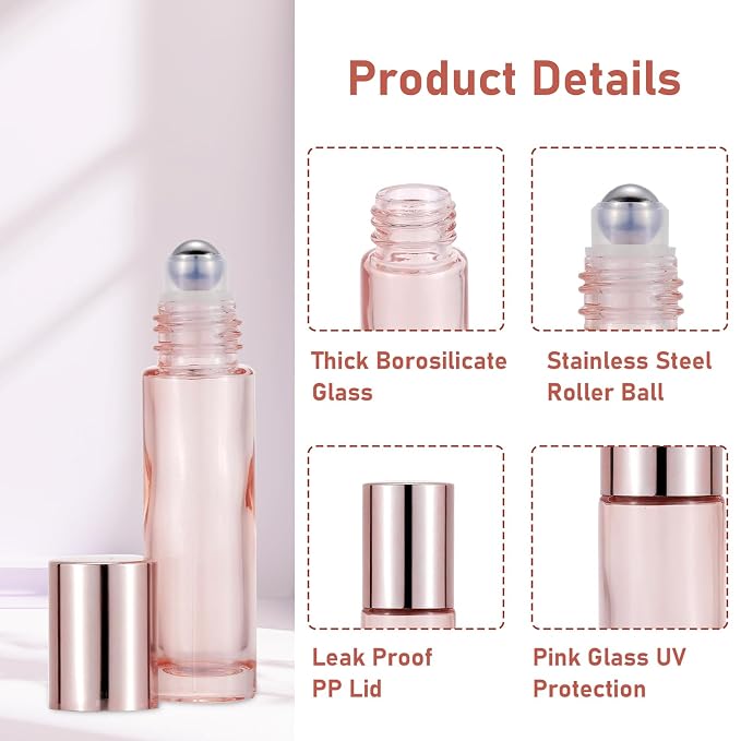 45Pcs 10ml Essential Oil Roller Bottles, Thick Glass Roll on Vials Massage Containers with Stainless Steel Roller Ball for Perfumes Aromatherapy Lip Balms, Rose Gold