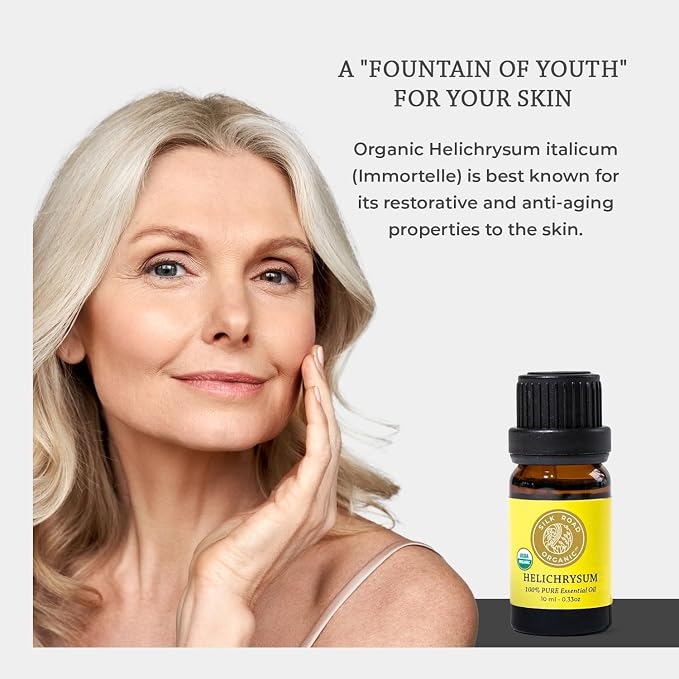 Silk Road Organic Helichrysum Italicum Essential Oil for Skin Care, Wrinkles, Scars, Bruises – 10ml Undiluted Euro Dropper, USDA Certified Immortelle Oil - Always Pure, Always Organic