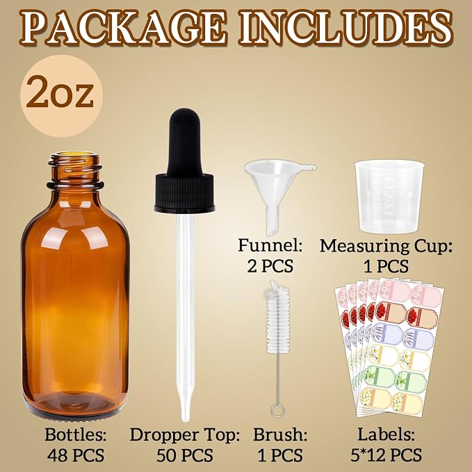STAERSIDE 48-Pack 2 oz Amber Glass Dropper Bottles, Leakproof & Durable for Essential Oils & Craft Use, Complete Kit with Funnel, Brush, Labels, Extra Droppers & Measuring Cup