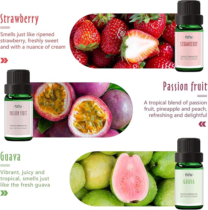 Fruit Essential Oils, MitFlor Premium Fragrance Oil for Candle Soap Making, 6x10ml, Summer Refreshing Diffuser Oil Scents, Guava, Strawberry, Passion Fruit, Apple, Fig, Pineapple