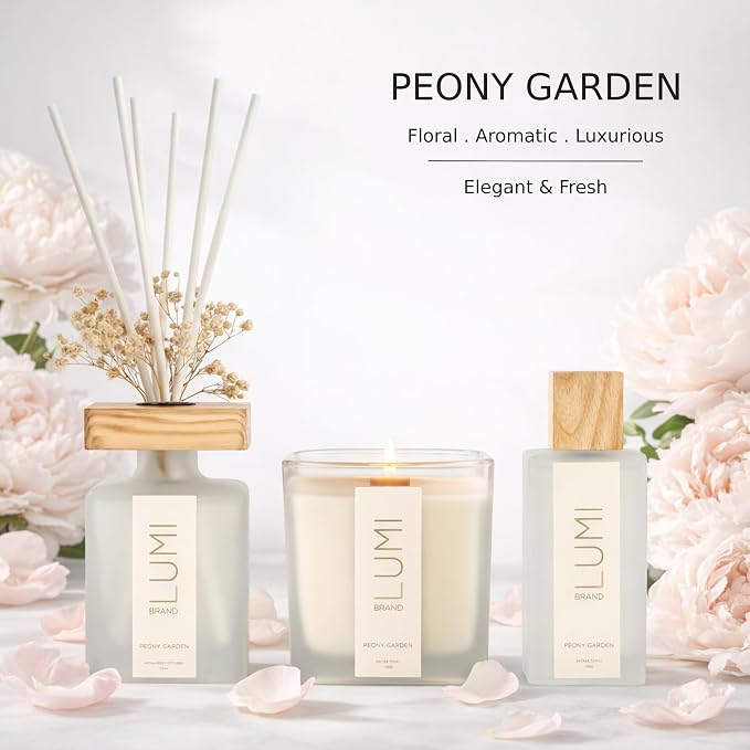 Luxury Aroma Gift Set | Peony Garden - Reed Diffuser (200ml), Wood Wick Soy Candle (200g), Room Spray (50ml) | Includes Dried Flowers & 8 Reeds | Luxurious Home Fragrance for Home Décor & Gifts