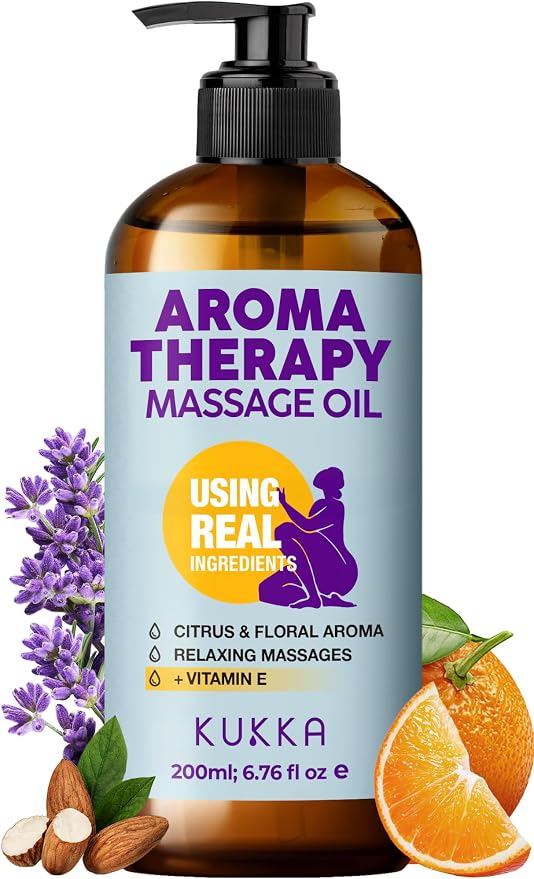 KUKKA Aromatherapy Massage Oil - 6.76 fl oz - Enriched with Vitamin E, Sweet Almond, Lavender & Sweet Orange Oils - for All Skin Types, Men & Women - Massage Oil for Muscles, Legs & Body