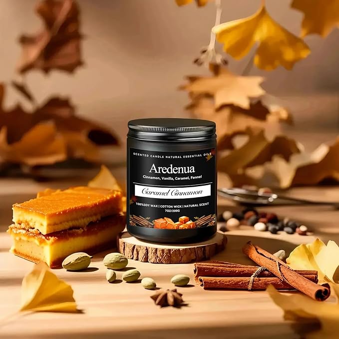 Caramel Cinnamon Luxury Candle - Rich Gourmand Scent, 7oz Natural Soy Wax, Hand-Poured Cozy Home Scented Candle - Elegant Home Fragrance for Living Room, Dinner Party & Self-Care Indulgence
