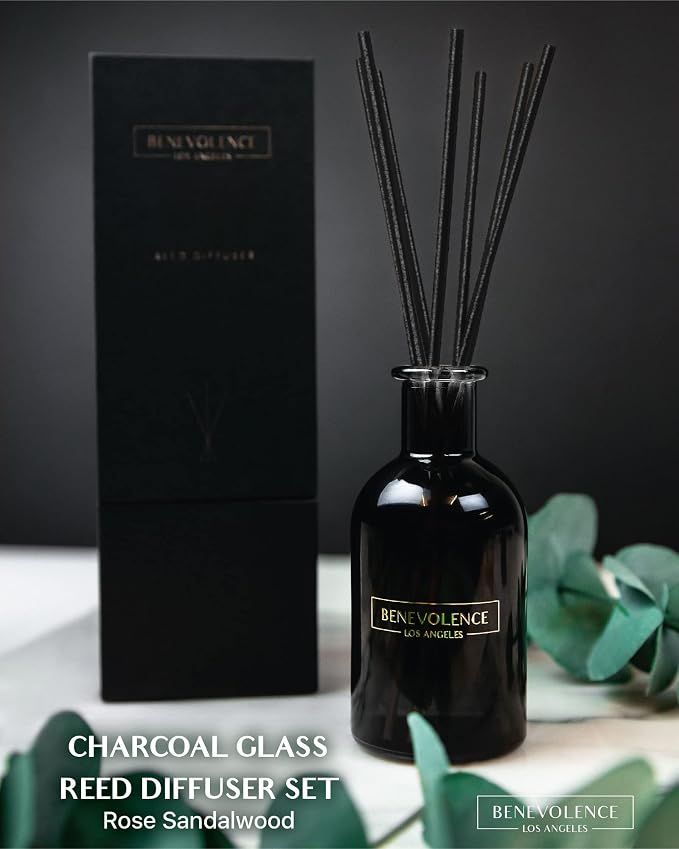 Benevolence LA Premium Rose & Sandalwood Reed Diffuser Set – Essential Oil Diffuser for Home & Bathroom – Up to 120-Day Fragrance with Rattan Sticks & Gift Box – Charcoal Glass Room Décor