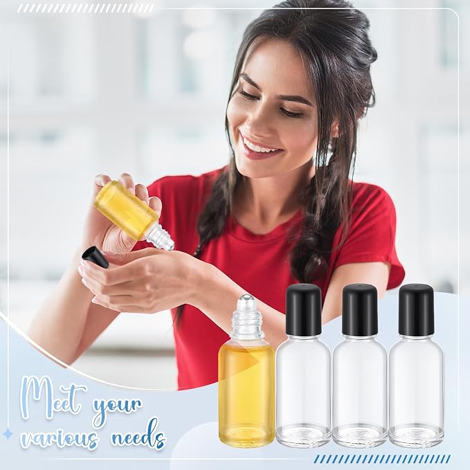 Sumind 24 Sets Clear 30ml Roller Glass Bottle Essential Oil with Stainless Steel Refillable Sample Container Brown Empty Roller Bottle Applicator with Funnel Sticker for Travel
