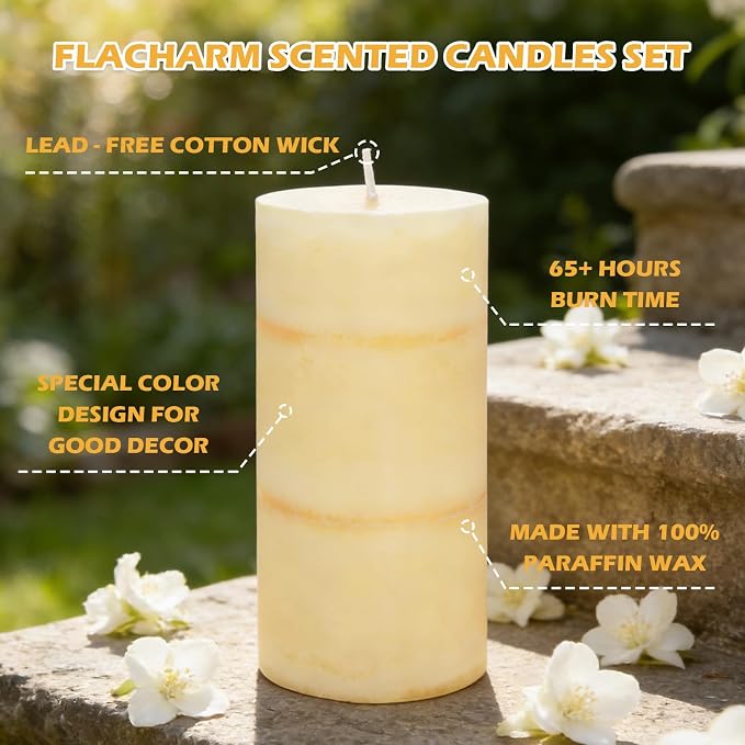 3x6 Inches Jasmine Scented Pillar Candles Ivory White Hand-Poured Long Burning Aromatherapy Candle for Home Scented Stress Relief Meditation Wedding Bar Table Centerpiece Decoration, 3 Pack