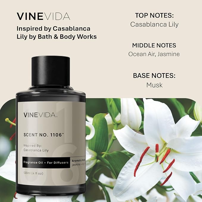 VINEVIDA [4 Fl Oz] Scent NO. 1106 Fragrance Oil for Cold Air Diffusers, Aromatic Notes of Casablanca Lily, Ocean Air & Jasmine Essential Oils for Diffuser Oil Refill & Air Freshener Room Spray