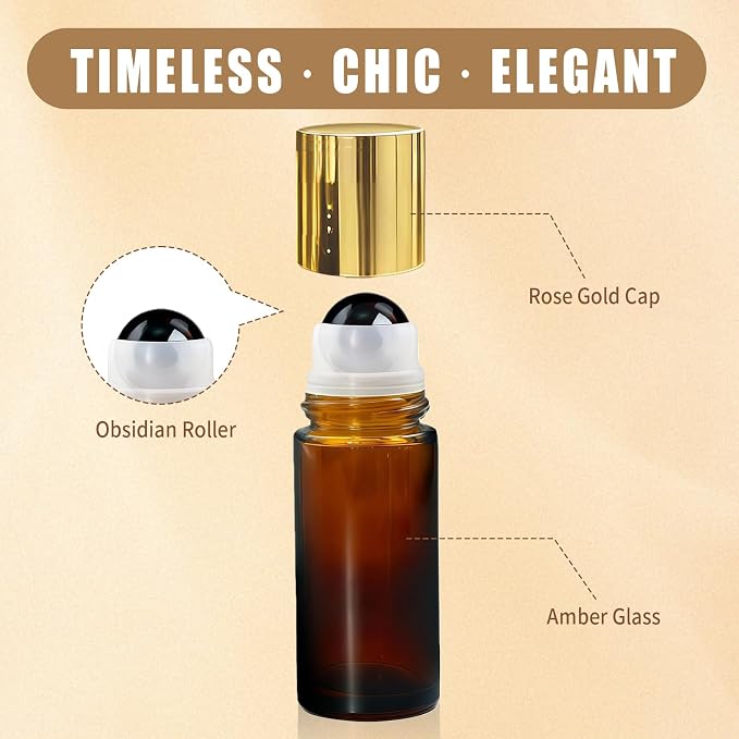 Obsidian Roller Bottles for Essential Oils, 50ml Refillable Amber Glass Roll On Bottles with Natural Crystal Roller Balls, Leak-Proof Travel Perfume Bottle with Gold Caps