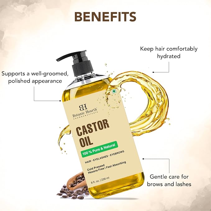 Botanic Hearth Castor Oil 8 Fl Oz| 100% Pure & Natural, Cold Pressed |For Hair, Eyelashes & Eyebrows | Hexane Free, Fast Absorbing | with Massage Roller Ball
