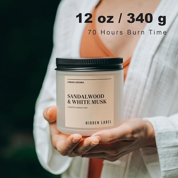 Hidden Label Sandalwood White Musk Soy Candle, 12oz 2-Wick, 70H Zen Calm | Non-Toxic Vegan Soy Wax | Sandalwood & White Musk Grounding Scent | Even Melt No Tunneling | Yoga Meditation Relaxation Gift