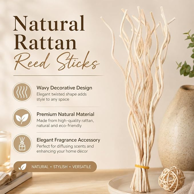 10Pcs Wavy Rattan Reed Diffuser Sticks, Natural Rattan Fragrance Aromatherapy Volatile Replacement Refill Essential Sticks