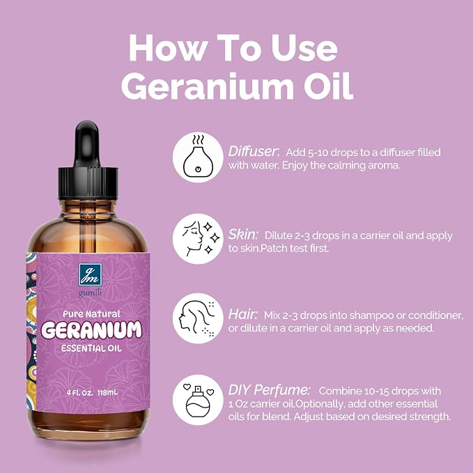 GM Gumili Geranium Essential Oil 4 Oz, 100% Pure Geranium Oil for Diffuser, Skin, Hair, Face, Soap & Candle Making, Aromatherapy & Massage