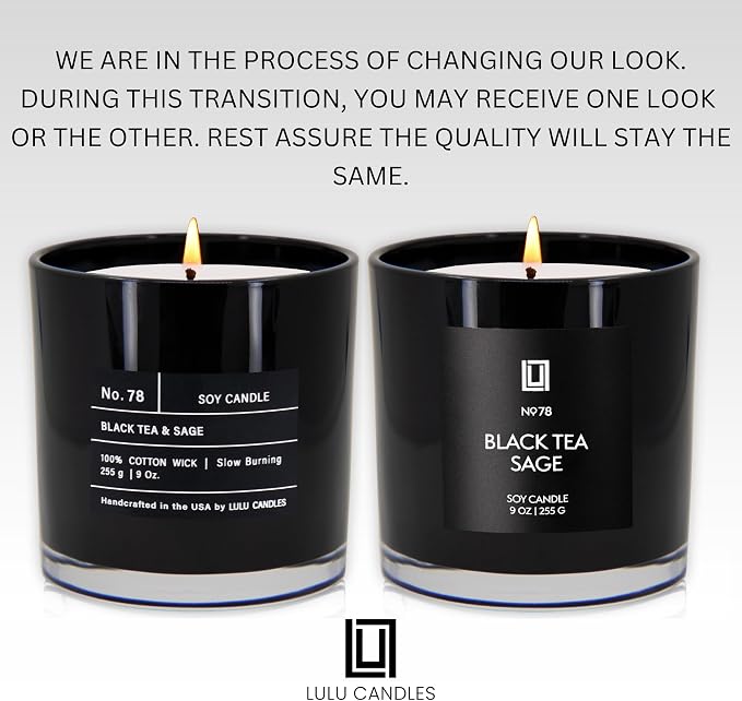 Lulu Candles | Black Tea & Sage | Highly Scented Candles for Home - Soy Blend Jar Candle with 100% Cotton Wick - Slow Burning (9 Oz.)