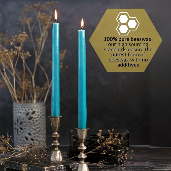 Big Dipper Wax Works Sky Blue Hand-Dipped Beeswax Taper Candles – 12” x 7/8”, 2-Pack, 100% Pure Beeswax, Long Burning, Clean, Cotton Wick, Handmade in USA, Home Décor & Wedding Candles