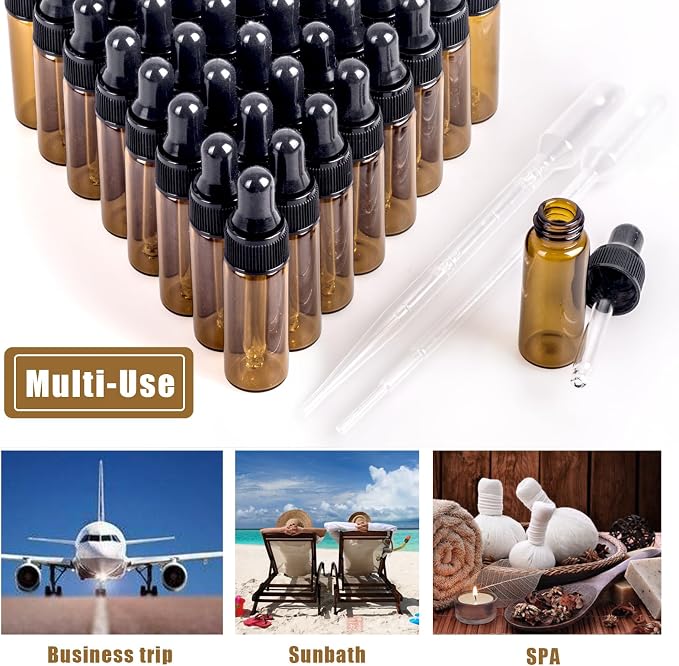Sample Dropper Bottles, Mini Dropper Bottles with 2 Pcs Plastic Droppers for Traveling Essential Oils DIY Cosmetic Liquid Sample Perfume (Amber, 5ML)