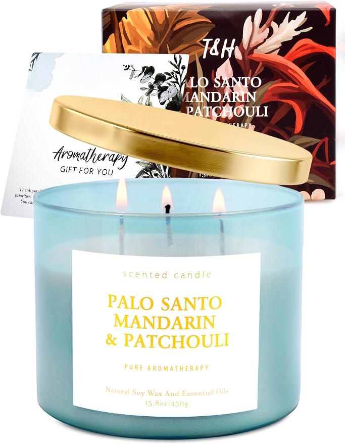 Palo Santo Mandarin Patchouli 3-Wick Soy Candle | 15.8 oz Calming Aromatherapy Candle for Home | Clean Burn Long Lasting | Warm Wood Citrus Scent | Stress Relief Candle Gift for Women & Men