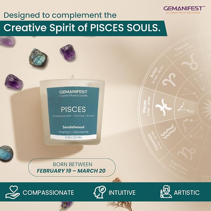 Pisces Zodiac Candle Gifts for Women and Men Sandalwood Crystal Candles for Manifestation Zodiac Crystal Candle with Bracelet and Healing Crystals Pisces Birthday Gifts