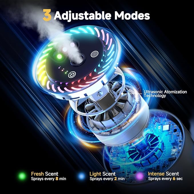 Smart Car Air Freshener with Star Light & 100ml Diffusers Oil Refills, Auto On/Off Aroma Diffuser, 3 Adjustable Mist Modes Rechargeable Aromatizante para Carro - Car Diffuser（Cologne+Ocean）