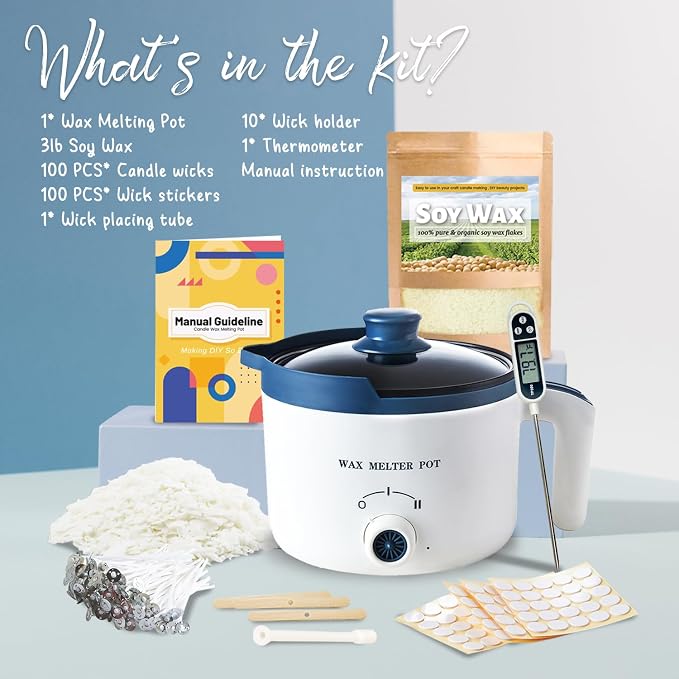 Soy Wax for Candle Making Kit - DIY Soy Candle Making Supplies with 3lbs Natural Soy Wax Flakes, Electric Wax Melter, Thermometer, Wicks, Perfect for Making Your Own Candles