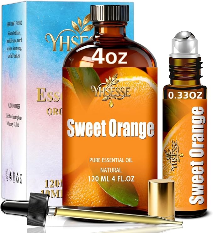 Sweet Orange Essential Oil, Sweet Orange Oil 4 Fl Oz 120ml for Diffuser Yoga Soap & Candle Making – with 0.33 Oz Roller Ball & Dropper YHSESSE Essential Oils
