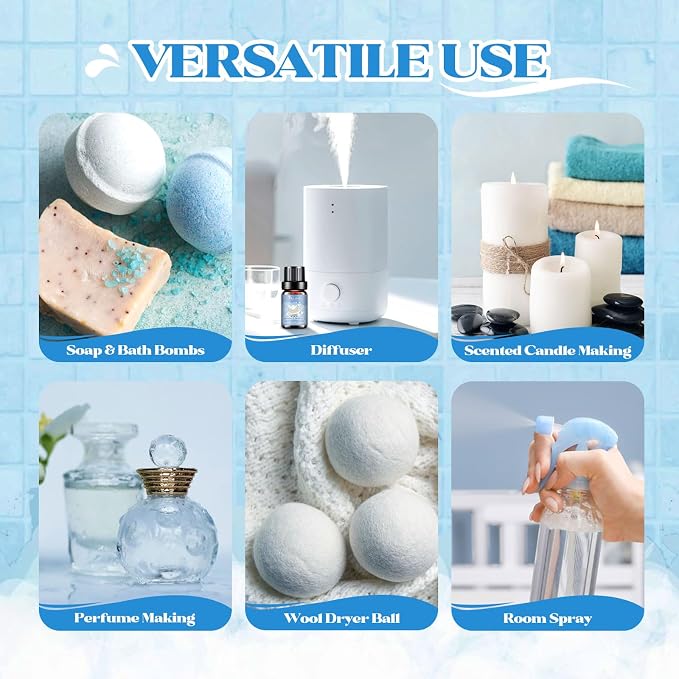 Clean Essential Ois for Laundry, Fragrance Oil for Diffuser for Home,Candle & Soap Making, Fresh Linen, Fresh Cotton, Laundromat, Blossom Soap,Pure White Comfort, Fluffy Towels, Strong Scented Oils