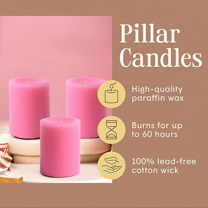 Mister Candle Dripless Unscented Pink Pillar Candles, Set of 3 Hand Poured Solid Color Non-Scented Candles for Home Decor, Premium Wax, 60 Hr Burn Time - 3x4 Inch, Pink
