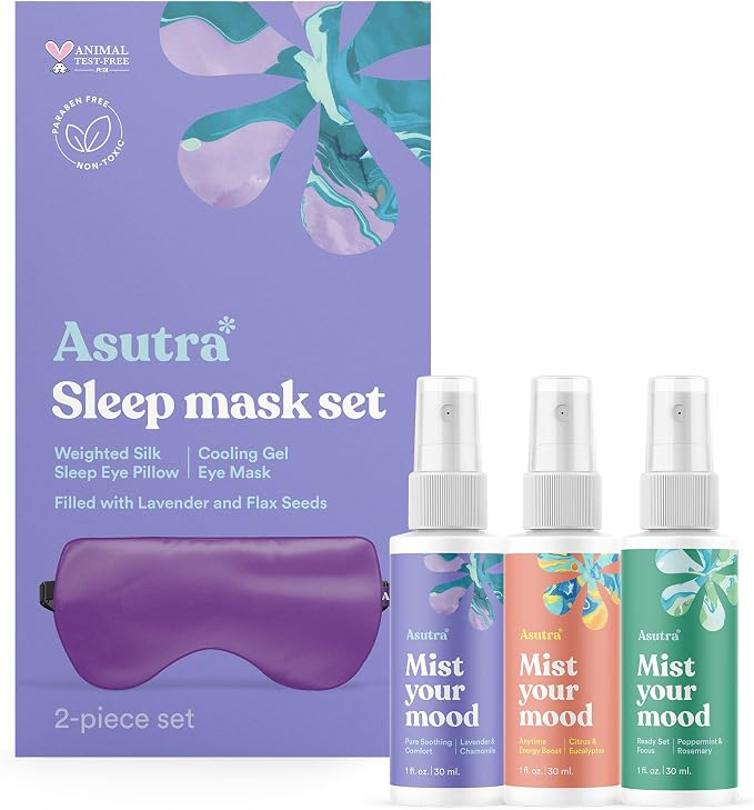 ASUTRA Bundle Set - 1 Purple Silk Eye Pillow for Sleep Filled w/Lavender Buds & Flax Seeds and 1 Multi-Use Essential Oil Aromatherapy Spray (3 Scent Mini Sampler)