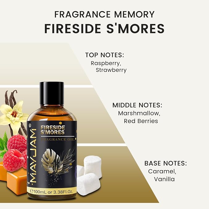 Fireside S'Mores Fragrance Oil Essential Oil, MAYJAM 3.38FL.OZ Fireside S'Mores Oil for Diffusers for Home, Long Lasting Scented Oils for Soap Candle Making - 100ML