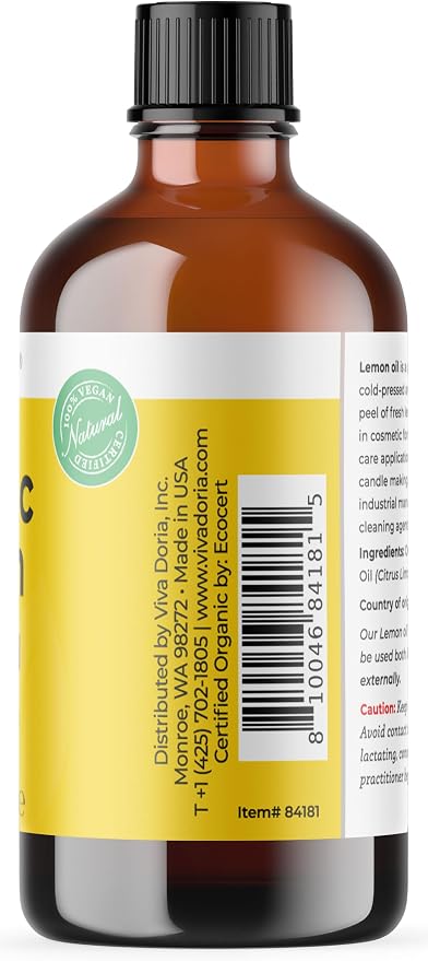 Viva Doria Lemon Essential Oil, USDA Certified, Organic Lemon Oil, 100% Pure, Natural Essential Oil, Undiluted, for Aromatherapy | Food Grade, 118 mL (4 Fluid Ounce)