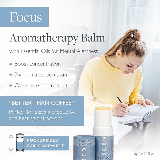 Scentered Aromatherapy Balm Stick for Focus & Concentration - Roll On Essential Oils Blend with Rosemary, Mint, Clary Sage in Shea Butter - Aromatherapy Gifts for Women