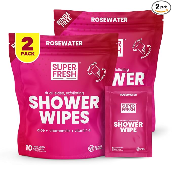 Super Fresh Shower Body Wipes, Travel Essentials for Camping, Large Rosewater Wipes for Adults, Women, Men, Kids Personal Hygiene Cloth Enriched with Aloe and Vitamin E, Individually Wrapped 20Pack