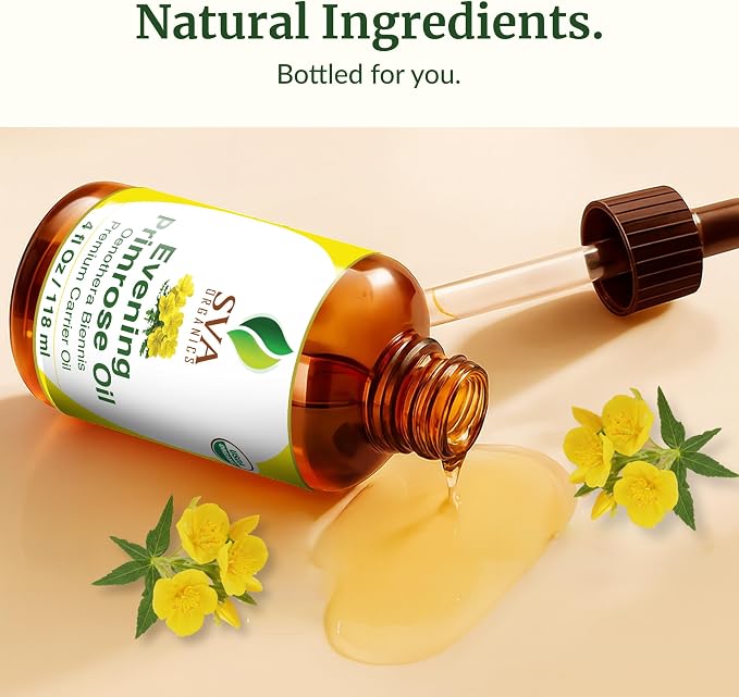 SVA Evening Primrose Oil Organic - 4 Fl Oz – 100% Natural Cold Pressed Organic Evening Primrose Oil - for Face, Skin Care, Hair Care, Scalp Massage & Body Massage – Carrier Oil with Dropper