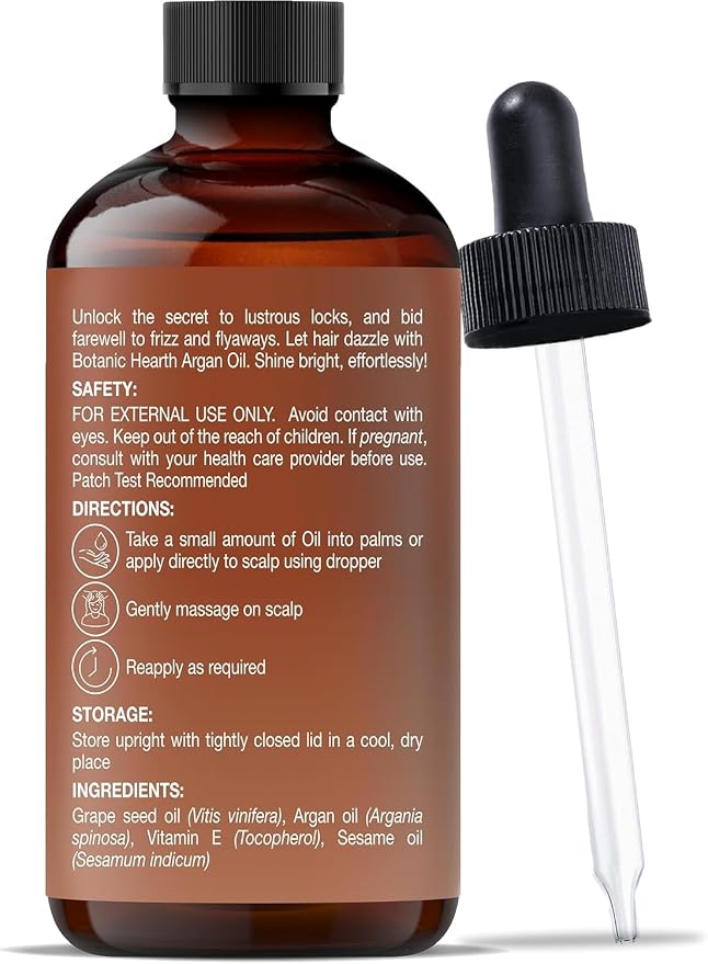 Botanic Hearth Argan Hair Oil for Adult Hydration, Nourishing, Strengthening, Curly, Frizzy, Dry, Damaged Hair, Non-GMO Verified, 4 fl oz, 1 Count