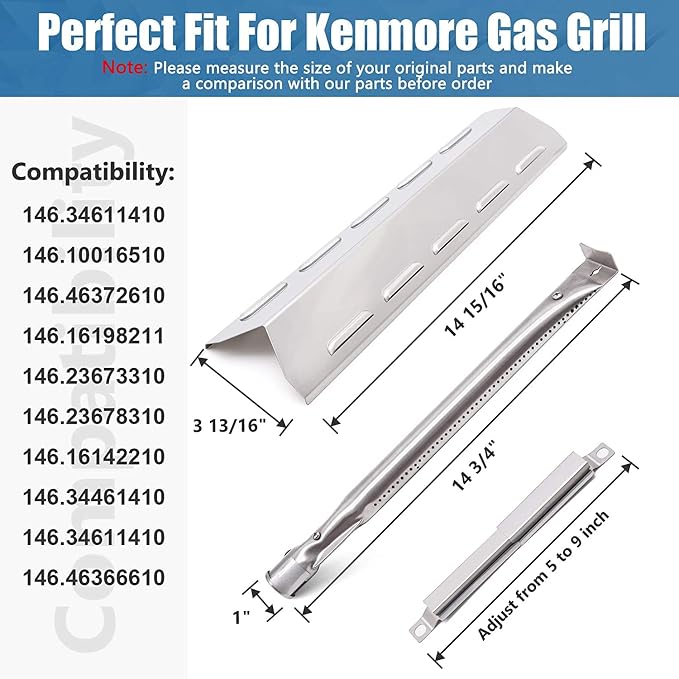 Hiorucet Grill Parts for Ken/More 146.46372610, 146.34611410, 146.23673310, 146.47468610, 146.16142210 Gas Grill Models, Grill Burner Tube, Heat Plate Shield, Crossover Tube Replacement Kit.