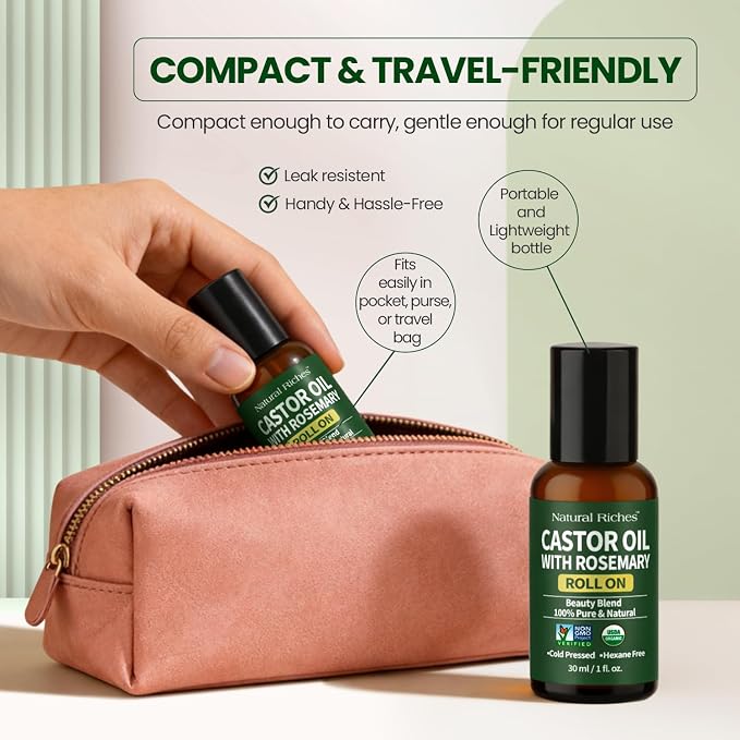 Natural Riches Organic Castor Oil with Rosemary Roll On for Hair Growth & Skin Care - Essential Oil Roller for Eyebrows, Eyelashes - Cold Pressed & Hexane Free Formula - 1 fl oz